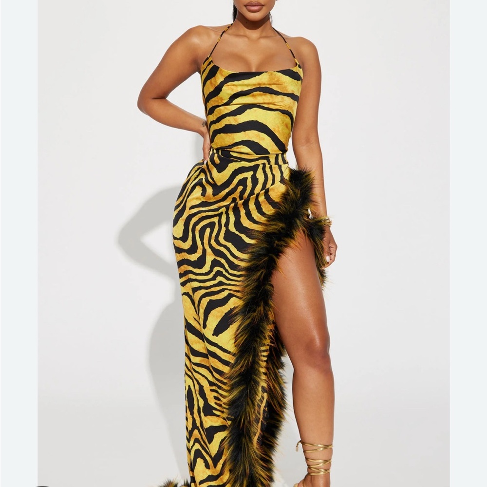Fashion Nova Yellow and Black Zebra Print Maxi Dress